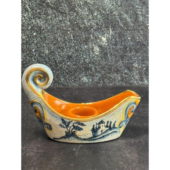 Vintage Veneto Flair Candlestick Signed 1976 Italian Ceramic Scroll Design - Picture 6 of 9